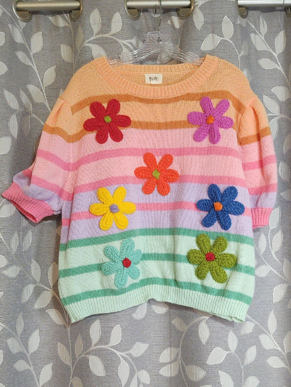 BiBi Pastel Rainbow Striped Sweater with Floral Appliqués size XL